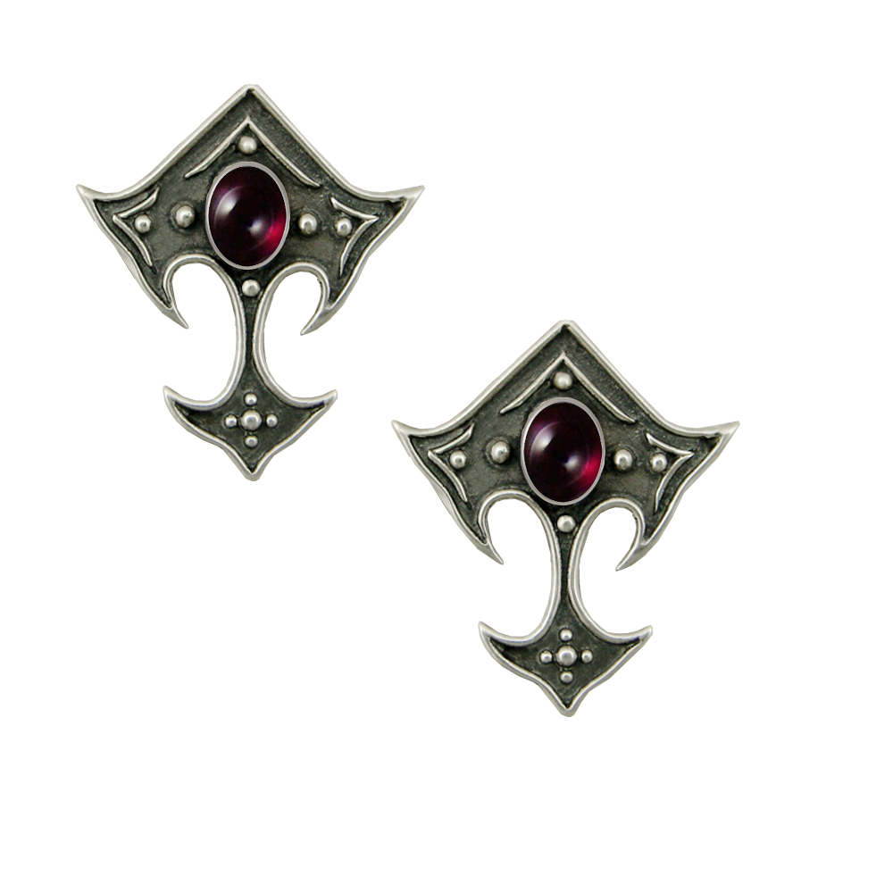 Sterling Silver Gothic Inspired Designer Drop Dangle Earrings With Garnet